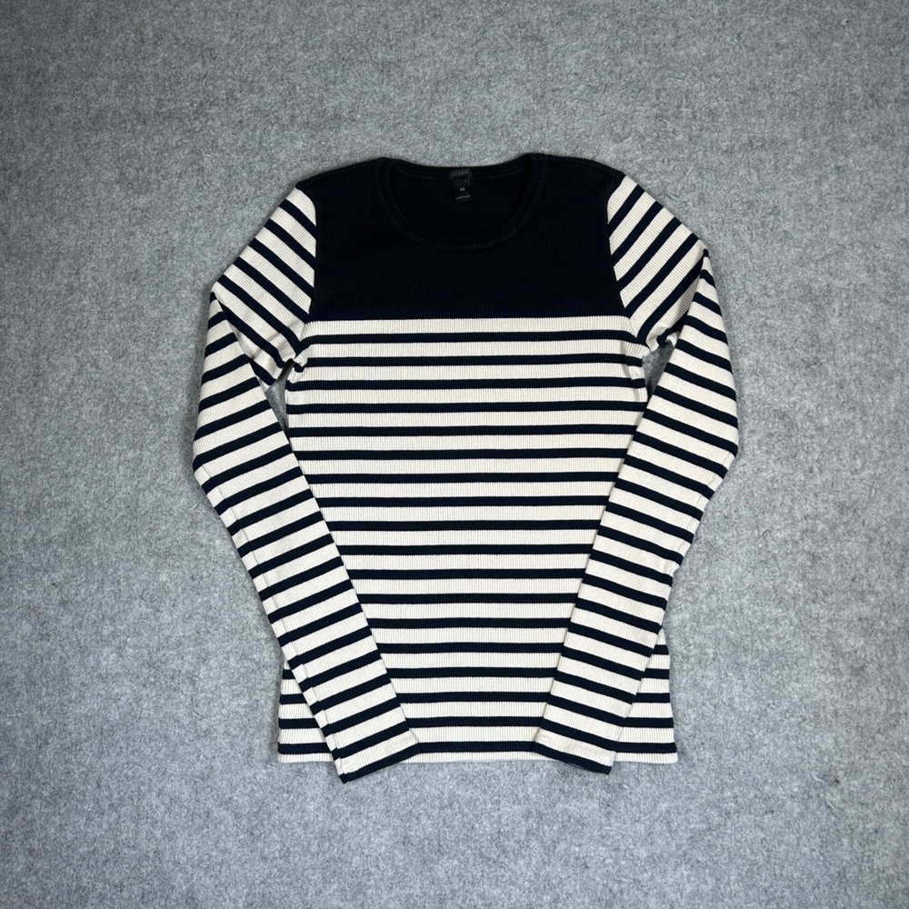 J.Crew Top Women XS Navy White Striped Ribbed Cotton Long Sleeve Crewneck Casual